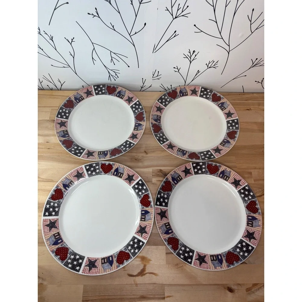 Oneida DC Brown American Quilt Dinner Plates Set of 4 Americana Patriotic 10.5